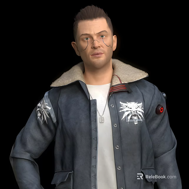 Man Wearing Blue Jacket With Fleece Collar White T-shirt Necklace White Emblems And Red Button 3d model 