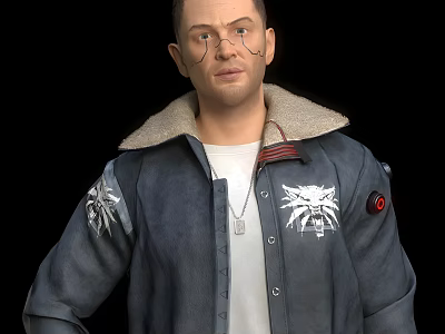 Man Wearing Blue Jacket With Fleece Collar White T-shirt Necklace White Emblems And Red Button 3d model