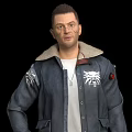 Man Wearing Blue Jacket With Fleece Collar White T-shirt Necklace White Emblems And Red Button