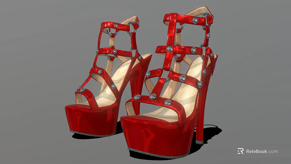 Elegant Red Women's High Heels with Strappy Design Platform and Metallic Studs 3d model 