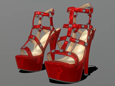 Elegant Red Women's High Heels with Strappy Design Platform and Metallic Studs 3d model