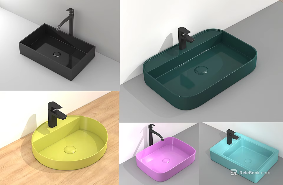 Colorful Modern Washbasins with Square Round Shapes and Black Faucets Design 3d model 