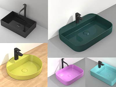 Colorful Modern Washbasins with Square Round Shapes and Black Faucets Design 3d model
