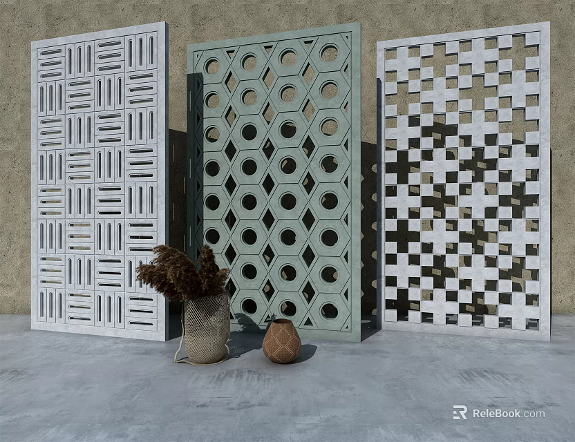Modern Room Dividers Featuring Different Hollow Patterns And Decorative Vases 3d model