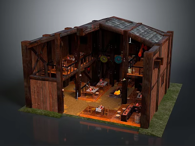 Cartoon Scene of Wooden House Interior with Two Story Loft Fireplace and Cozy Furniture Decor 3d model