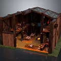Cartoon Scene of Wooden House Interior with Two Story Loft Fireplace and Cozy Furniture Decor