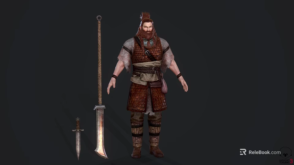 Game and Movie Character Bearded Warrior in Brown Traditional Armor With Long Sword and Dagger 3d model 