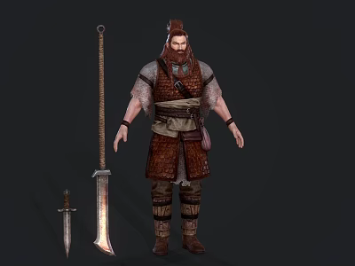 Game and Movie Character Bearded Warrior in Brown Traditional Armor With Long Sword and Dagger 3d model