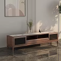 Minimalist Wooden TV Stand With Storage Drawers Glass Doors And Potted Plant On Marble Floor