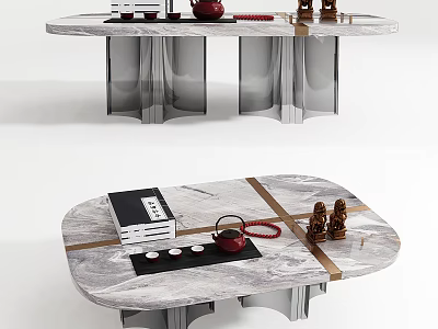 Modern Marble Coffee Table With Red Teapot Books And Decorative Figurines 3d model