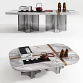 Modern Marble Coffee Table With Red Teapot Books And Decorative Figurines