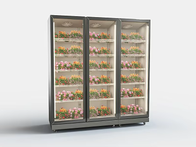 Commercial Floral Display Cabinet With Glass Doors Multiple Shelves And Colorful Flowers 3d model
