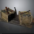 Weapons Including Guns And Knives Stored In Wooden Crates On Wooden Pallet