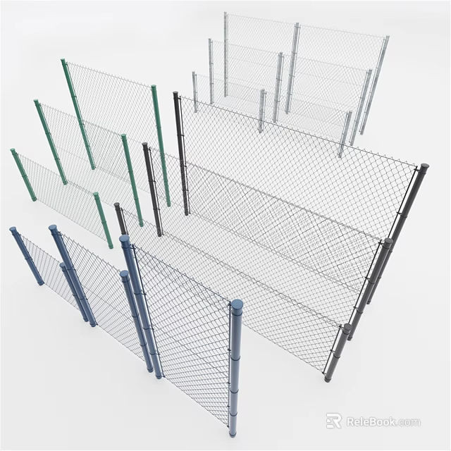 Various Types of Metal Fence Components With Wire Mesh And Colored Posts 3d model 