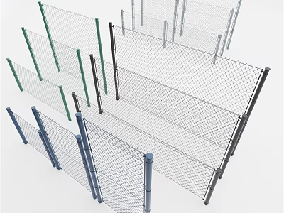 Various Types of Metal Fence Components With Wire Mesh And Colored Posts 3d model