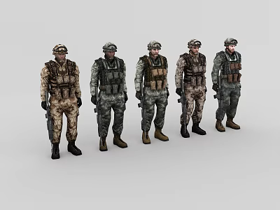 Five Game Movie Military Characters In Different Camouflage Uniforms With Tactical Gear 3d model