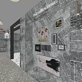 Open Layout Shopping Mall Stores With Geometric Lighting Glass Fronts And Wooden Pillars