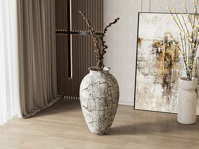 Cracked Texture Ceramic Vase With Dried Branches And Abstract Painting On Wooden Floor 3d model