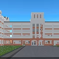 Red Brick School Building With White Trim Clock Tower Large Windows And Campus Grounds 3d model