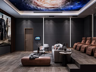 Home Theater Room Interior With Starry Sky Ceiling Dark Walls And Brown Leather Seats 3d model