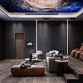 Home Theater Room Interior With Starry Sky Ceiling Dark Walls And Brown Leather Seats