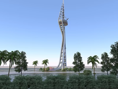 Modern Office Building Featuring Unique Design And Metal Structure Surrounded By Palm Trees And Greenery 3d model