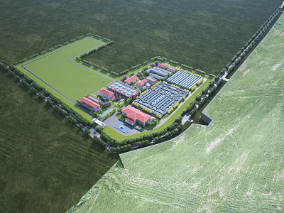 Aerial View Of Industrial Factory Area With Multiple Red Roof Buildings And Green Surrounding Fields 3d model