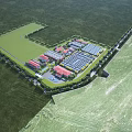 Aerial View Of Industrial Factory Area With Multiple Red Roof Buildings And Green Surrounding Fields