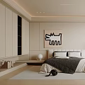 Modern Bedroom Interior Design With Gray White Bedding Abstract Painting Wardrobe And Window Chair