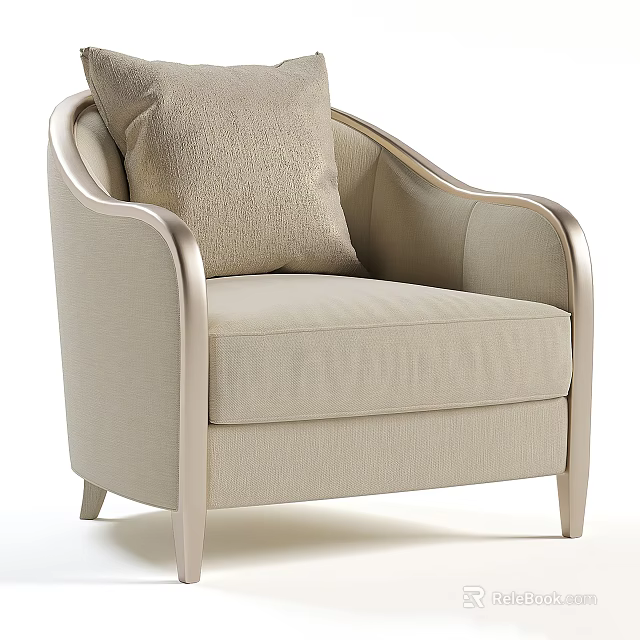 Modern Beige Fabric Single Sofa With Metal Armrest And Decorative Pillow 3d model 