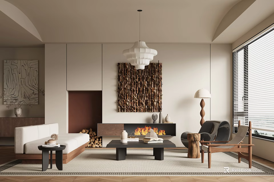 Modern Living Room Interior Design Featuring Fireplace Art Chandelier Sofa And Arched Ceiling 3d model 