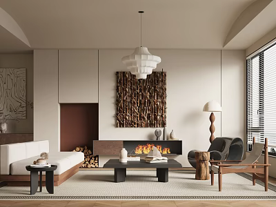 Modern Living Room Interior Design Featuring Fireplace Art Chandelier Sofa And Arched Ceiling 3d model