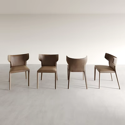 Four Modern Brown Leather Dining Chairs in Minimalist Gray Floor Setting 3d model