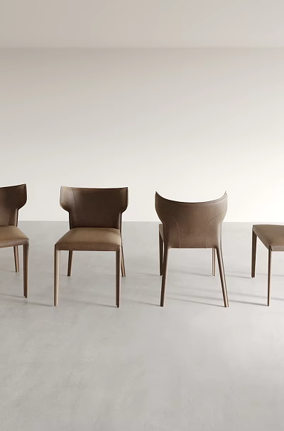 Four Modern Brown Leather Dining Chairs in Minimalist Gray Floor Setting 3d model