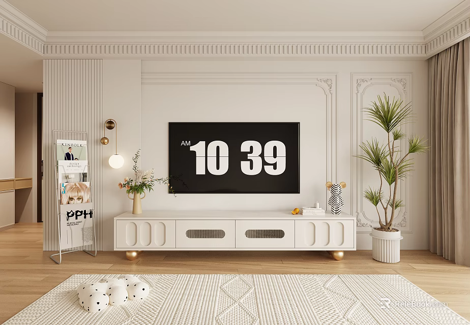 Living Room with Decorative White Wall Black TV White TV Stand and Green Indoor Plant 3d model 