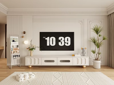 Living Room with Decorative White Wall Black TV White TV Stand and Green Indoor Plant 3d model