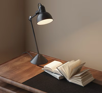 Black Desk Lamp With Adjustable Arm On Wooden Desk And Open Books 3d model