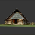 Rustic Log Cabin With Gabled Tiled Roof And Lush Green Grass Surroundings