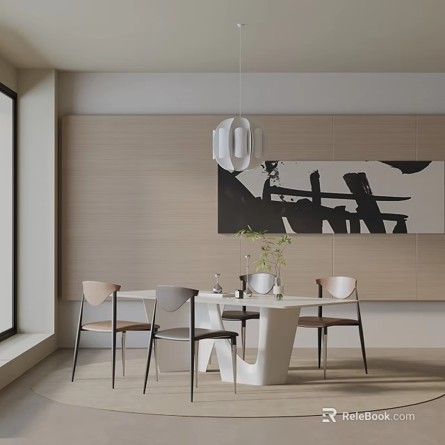 Modern Dining Table Set With White Table Chairs Pendant Light Decorative Painting And Potted Plant 3d model 