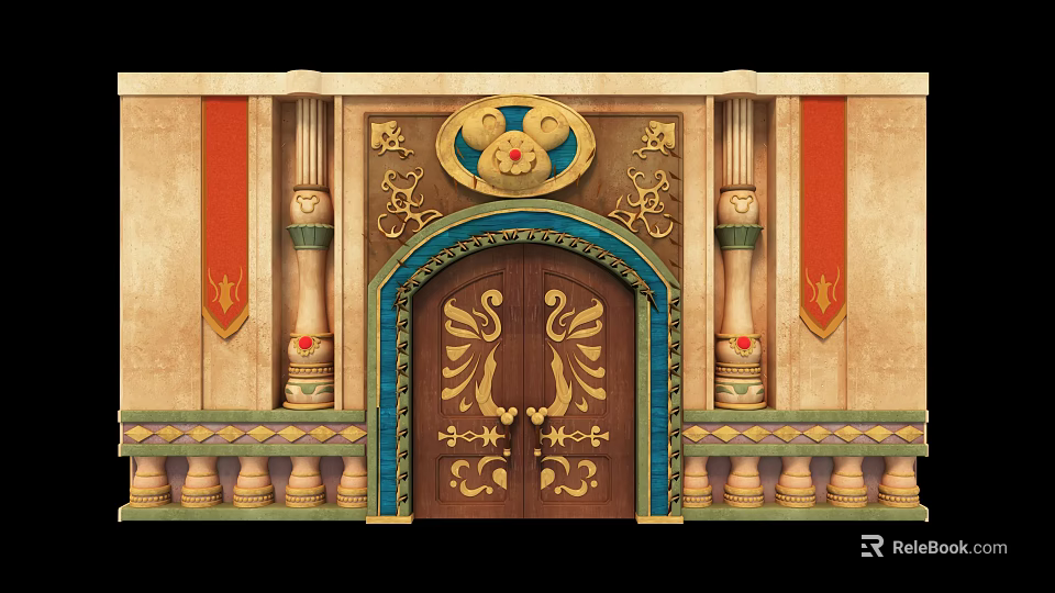 Ornate Entrance Gate With Golden Carvings Blue Border Red Banners And Decorative Columns 3d model 