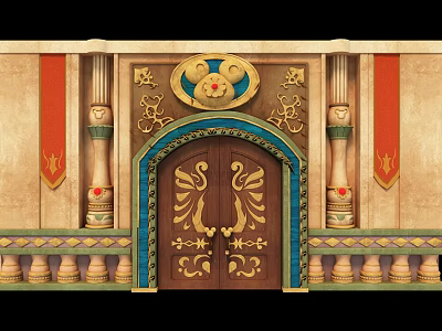 Ornate Entrance Gate With Golden Carvings Blue Border Red Banners And Decorative Columns 3d model