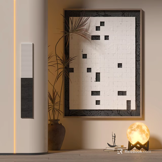 Abstract Painting With Black Squares On White Background In Room With Potted Plant Moon Lamp 3d model 