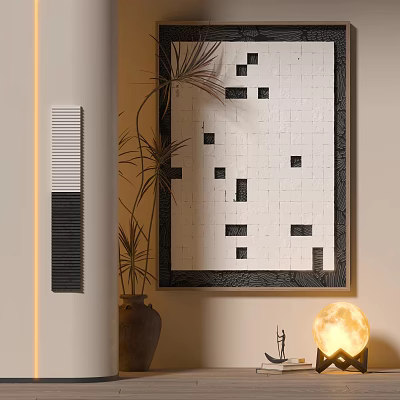 Abstract Painting With Black Squares On White Background In Room With Potted Plant Moon Lamp 3d model