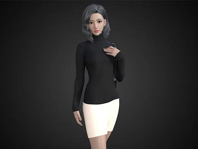 Woman with gray hair in black turtleneck and white short skirt on black background 3d model