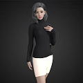 Woman with gray hair in black turtleneck and white short skirt on black background
