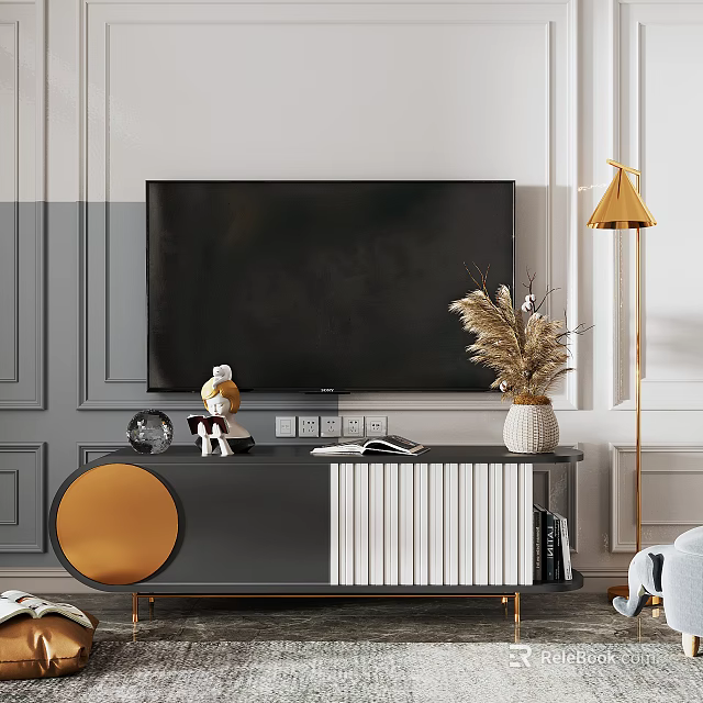 Modern Gray TV Stand With Gold Accents Figurine Vase And Floor Lamp 3d model 