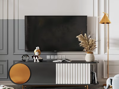 Modern Gray TV Stand With Gold Accents Figurine Vase And Floor Lamp 3d model