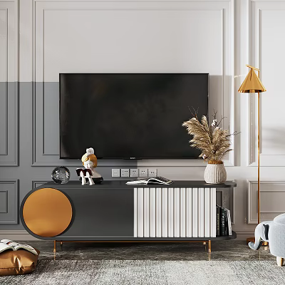 Modern Gray TV Stand With Gold Accents Figurine Vase And Floor Lamp 3d model