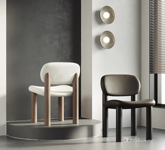 White and Dark Brown Accent Chairs with Plush Leather Wooden Legs Gray Wall Round Lighting 3d model 