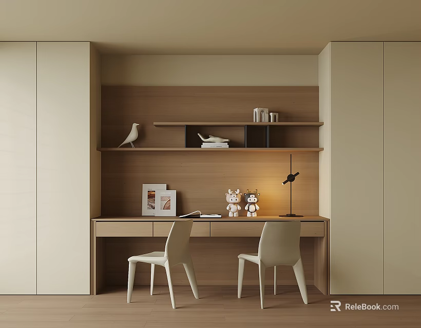 Modern Minimalist Desk Interior With Wooden Shelves Two Chairs And Table Lamp 3d model 
